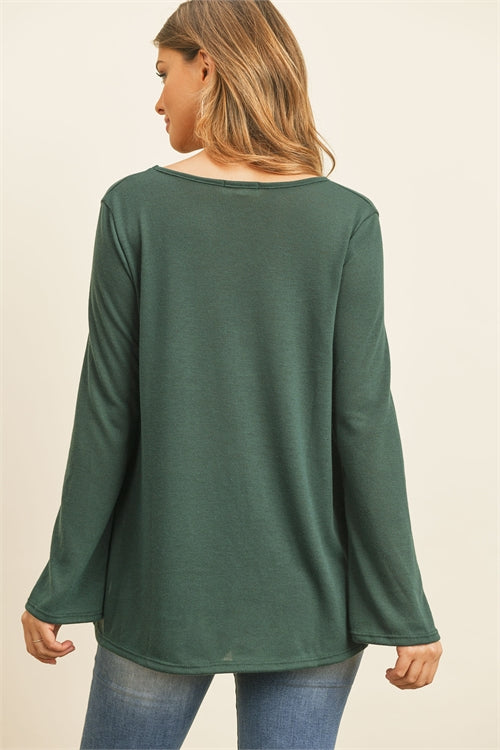 CRISS CROSS NECK LONG SLEEVE HACCI TOP- HUNTER GREEN 1-4-1-0