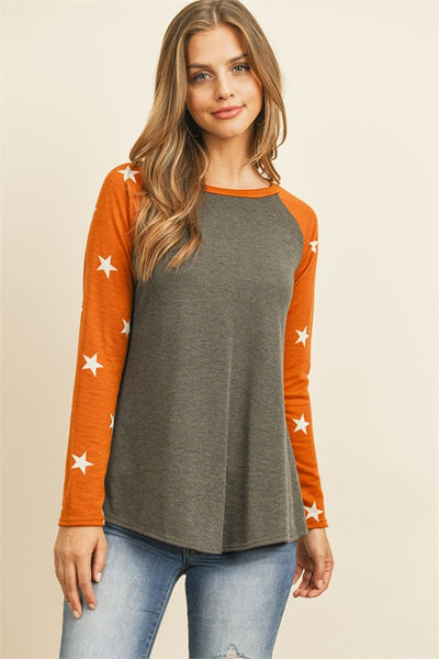 SA4-000-3-RFT2393-RPR029-OXFTR-1 - FLEECED FRENCH TERRY STAR PRINT SLEEVE ROUND NECK TOP- OXFORD TERRACOTA 0-0-6-0