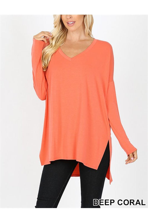 DOLMAN LONG SLEEVE V-NECK SIDE SLIT TUNIC- DEEP CORAL 3-0-2-0