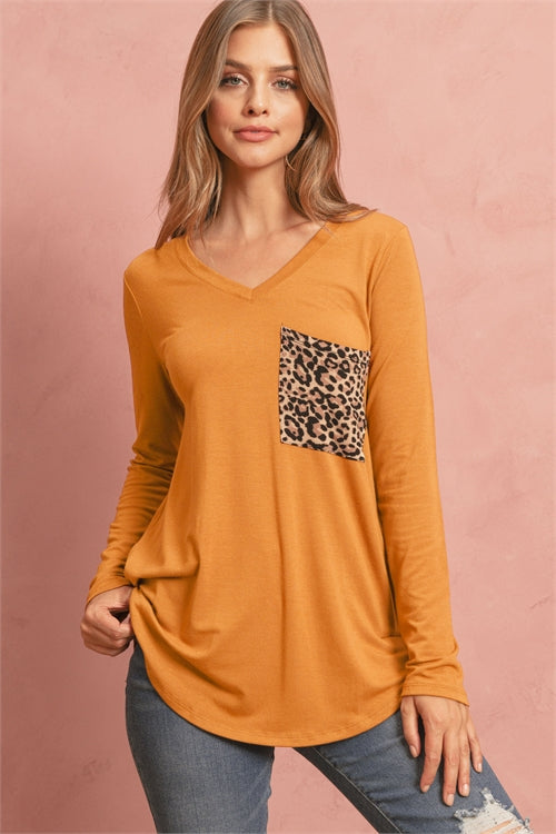 LONG SLEEVE V-NECK LEOPARD PRINT POCKET TOP- ASH MUSTARD 0-2-1-4