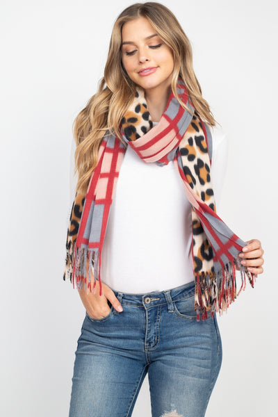 LEOPARD PRINT DUAL DESIGN FRINGE WOMEN'S SCARF/6PCS