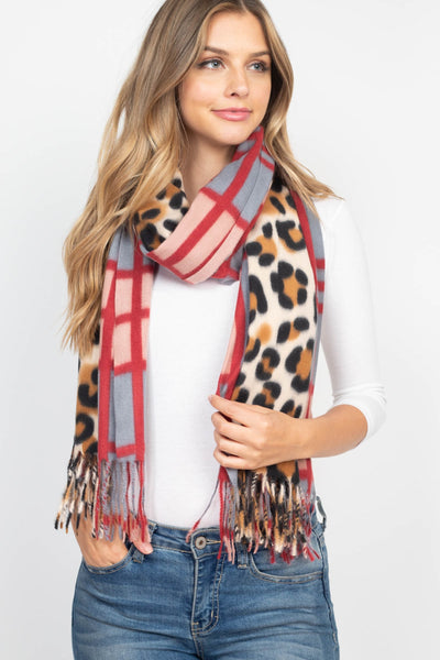 LEOPARD PRINT DUAL DESIGN FRINGE WOMEN'S SCARF/6PCS