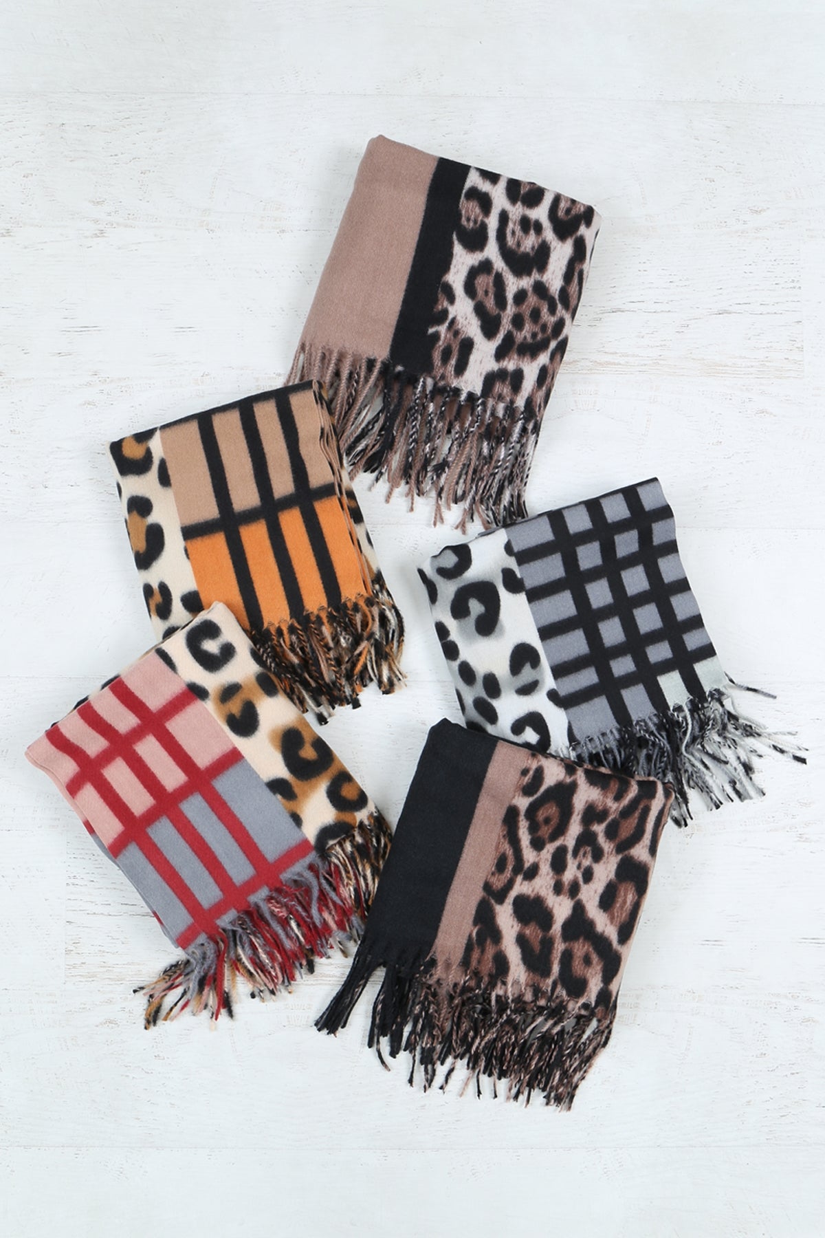 LEOPARD PRINT DUAL DESIGN FRINGE WOMEN'S SCARF/6PCS