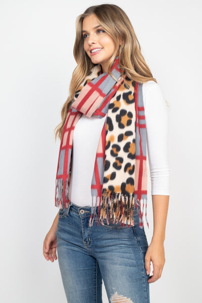 LEOPARD PRINT DUAL DESIGN FRINGE WOMEN'S SCARF/6PCS