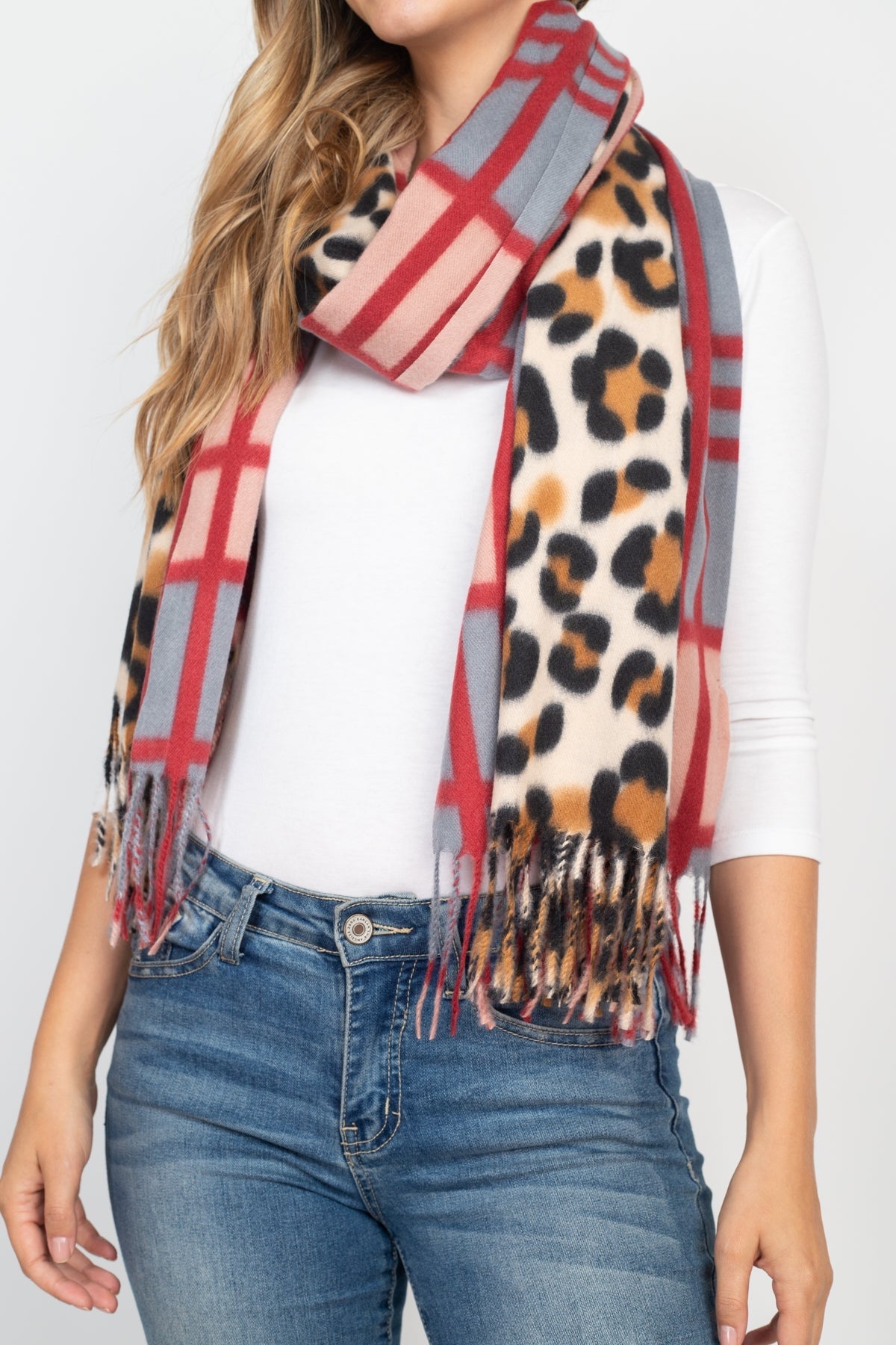 LEOPARD PRINT DUAL DESIGN FRINGE WOMEN'S SCARF/6PCS