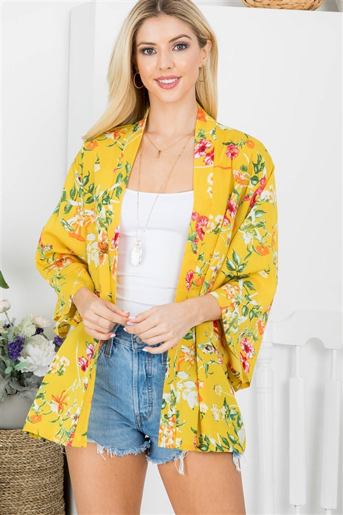 FLOWER PRINT OPEN FRONT KIMONO