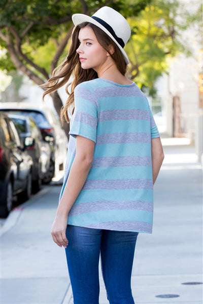 S12-1-2-T8069-A-GYBL-1 - SHORT SLEEVED ROUND NECK STRIPED TOP- GREY/BLUE 6-0-0-0