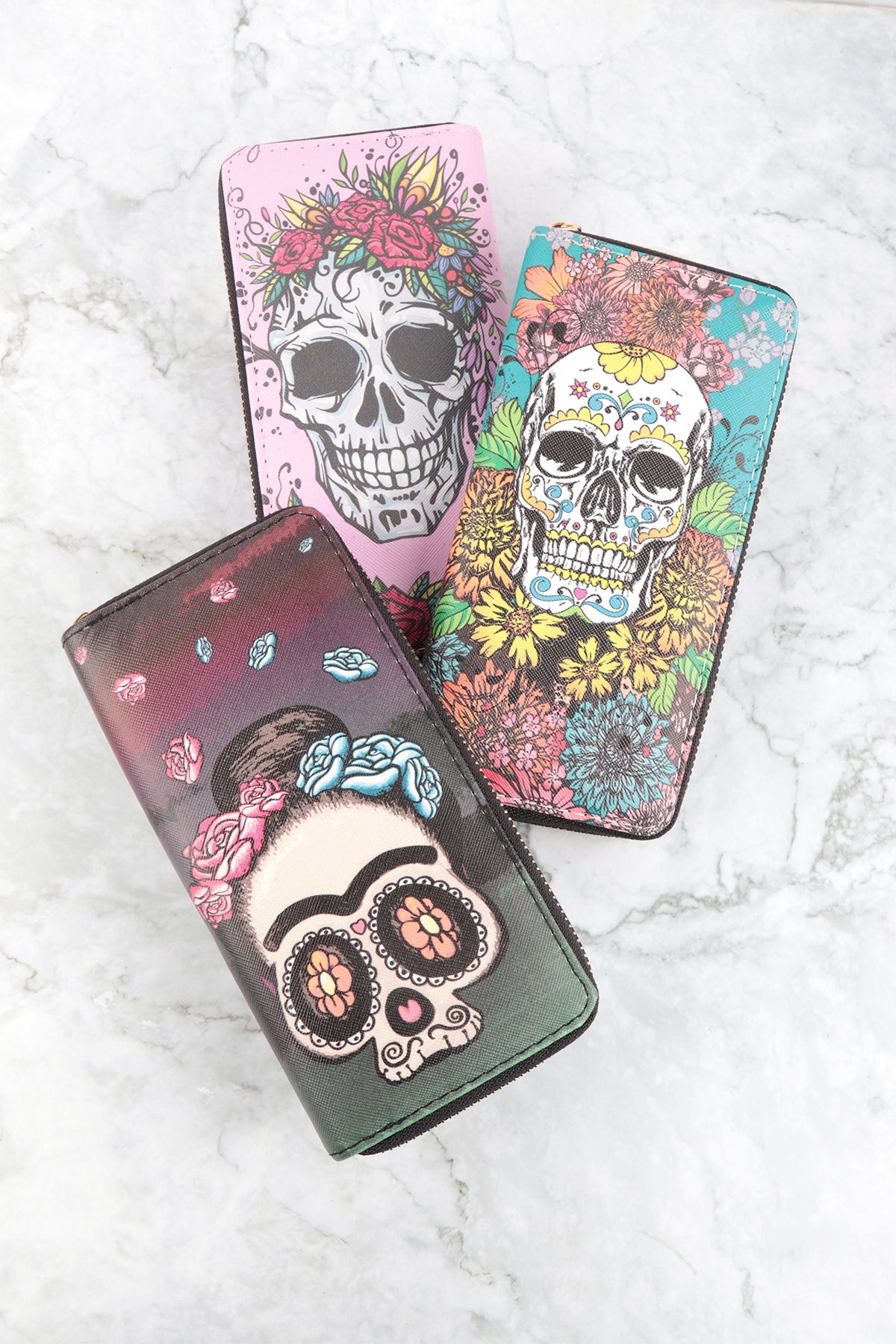 SKULL FESTIVAL PRINT SINGLE ZIPPER WALLET/6PCS