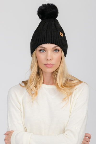 S29-1-1-WHT-408-FLEECE LINED BEANIE WITH POMPOM 6 ASSORTED COLORS/12PCS