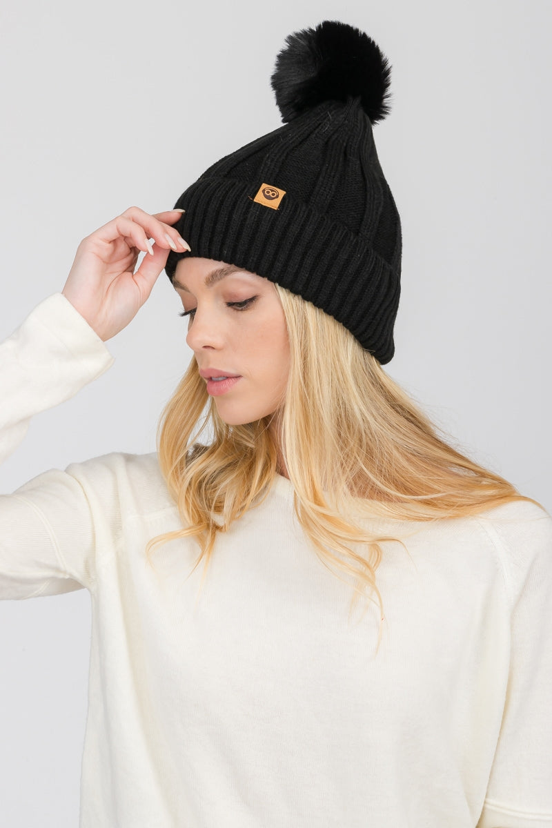 S29-1-1-WHT-408-FLEECE LINED BEANIE WITH POMPOM 6 ASSORTED COLORS/12PCS