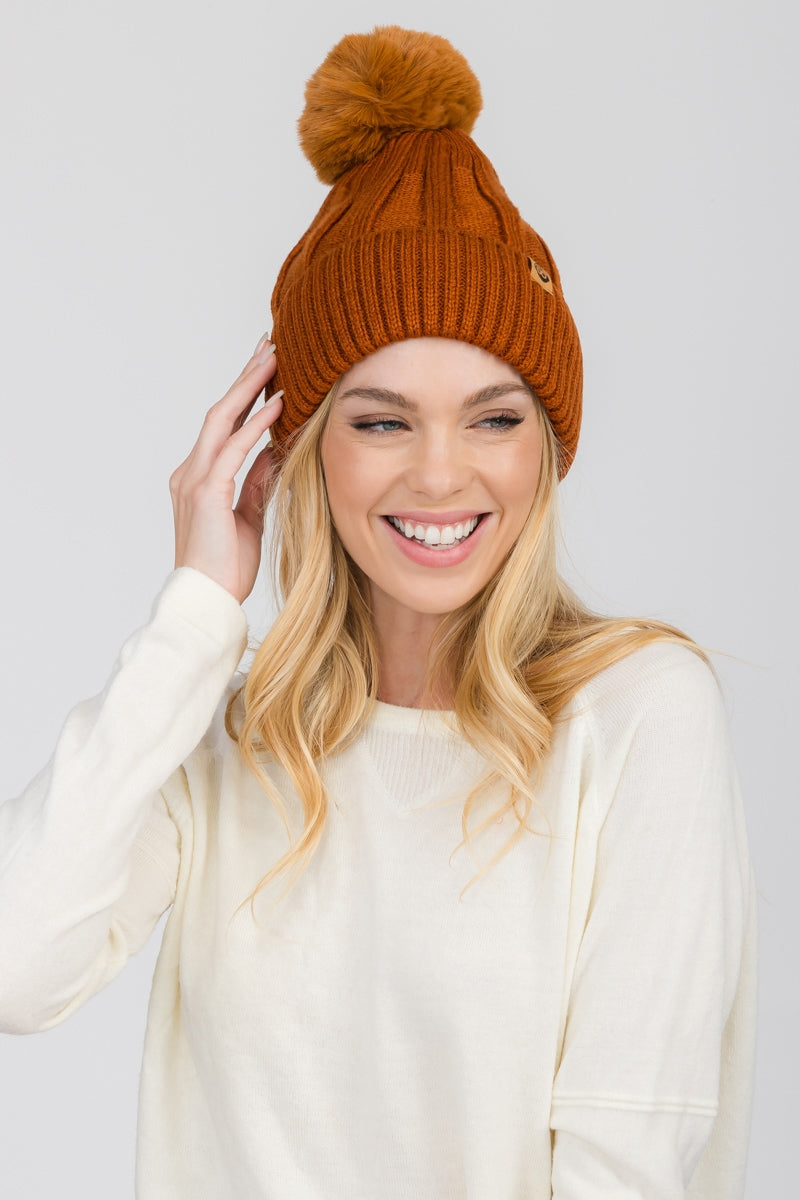S29-1-1-WHT-408-FLEECE LINED BEANIE WITH POMPOM 6 ASSORTED COLORS/12PCS