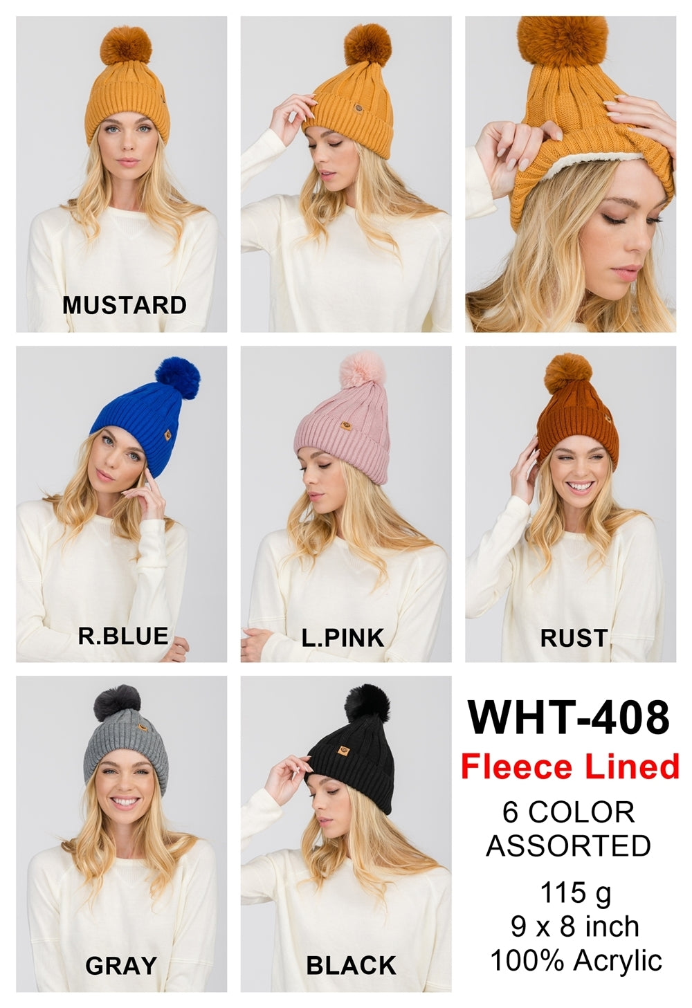 S29-1-1-WHT-408-FLEECE LINED BEANIE WITH POMPOM 6 ASSORTED COLORS/12PCS