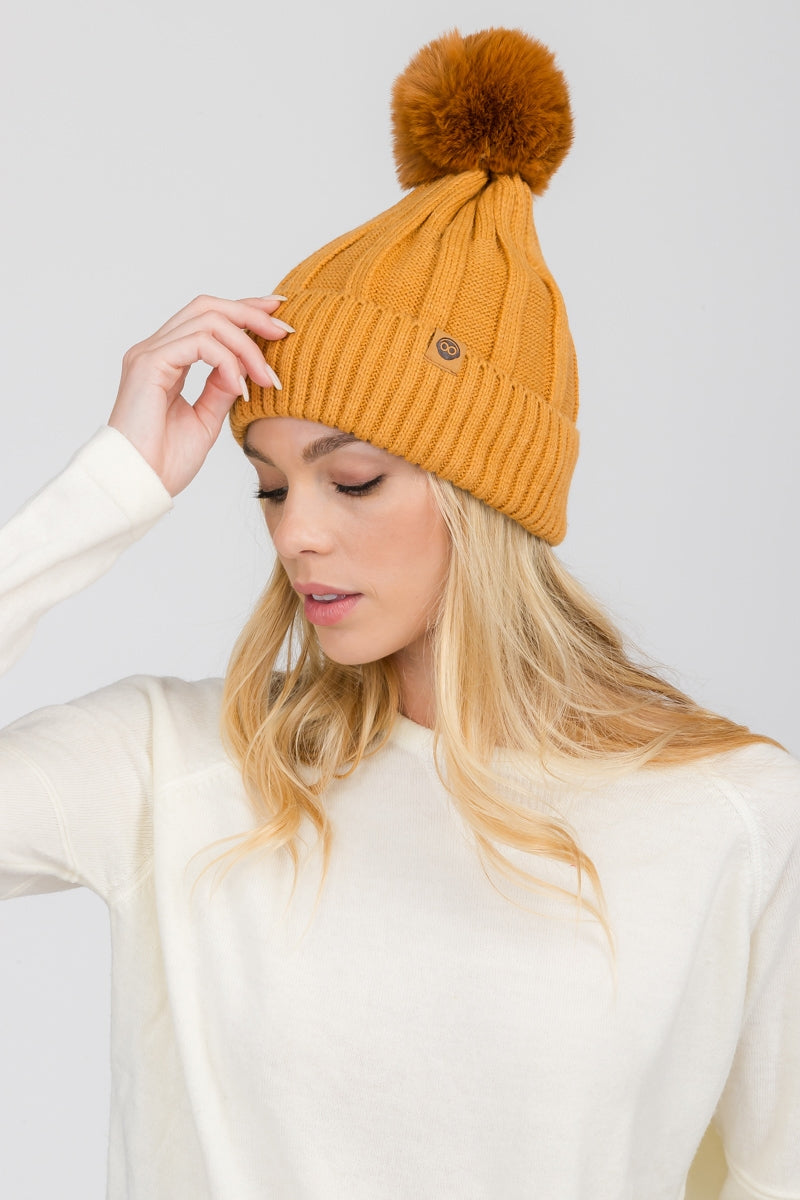 S29-1-1-WHT-408-FLEECE LINED BEANIE WITH POMPOM 6 ASSORTED COLORS/12PCS
