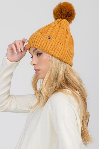 S29-1-1-WHT-408-FLEECE LINED BEANIE WITH POMPOM 6 ASSORTED COLORS/12PCS