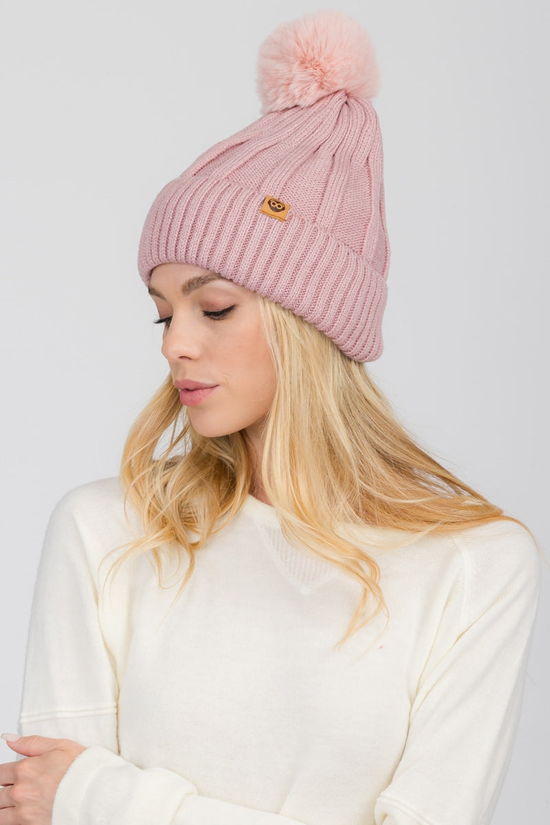 S29-1-1-WHT-408-FLEECE LINED BEANIE WITH POMPOM 6 ASSORTED COLORS/12PCS