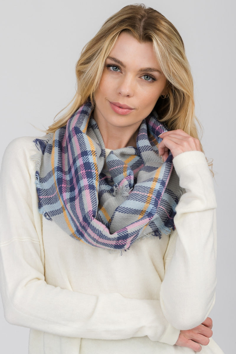 FRINGED PLAID INFINITY SCARF 3 ASSORTED COLORS/12PCS