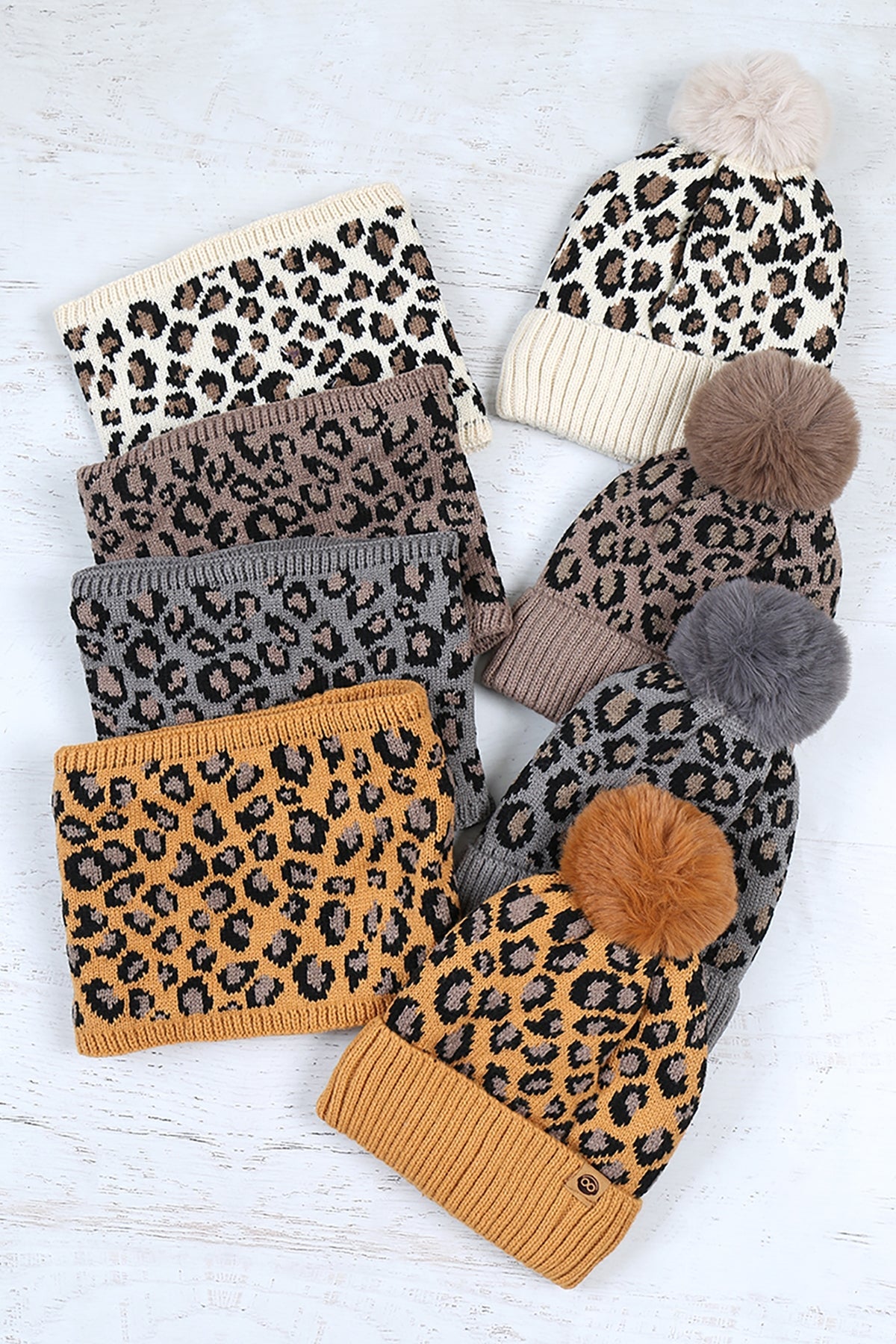 S29-1-1-WSHT-409-FLEECE LINED LEOPARD BEANIE WITH INFINITY SCARF 4 ASSORTED COLORS/12PCS