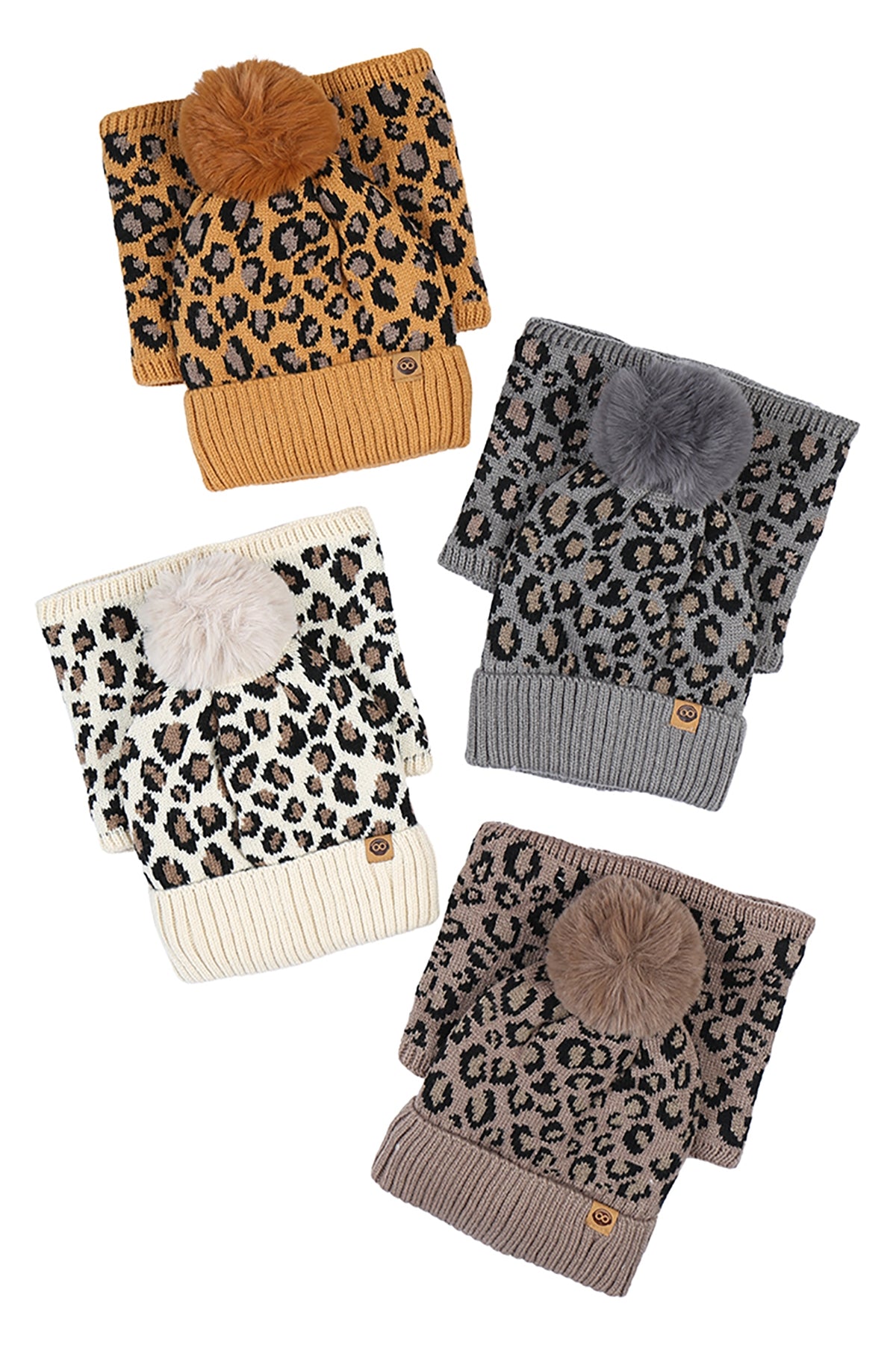 S29-1-1-WSHT-409-FLEECE LINED LEOPARD BEANIE WITH INFINITY SCARF 4 ASSORTED COLORS/12PCS