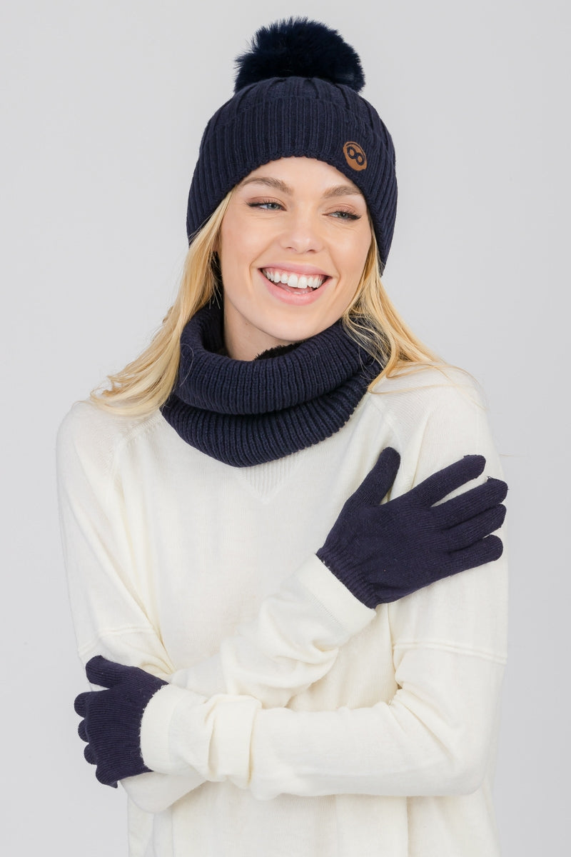 S29-1-1-WSHT-412-EASY DETACHABLE POMPOM BEANIE  WITH INFINITY SCARF AND GLOVES 5 ASSORTED COLORS/12PCS