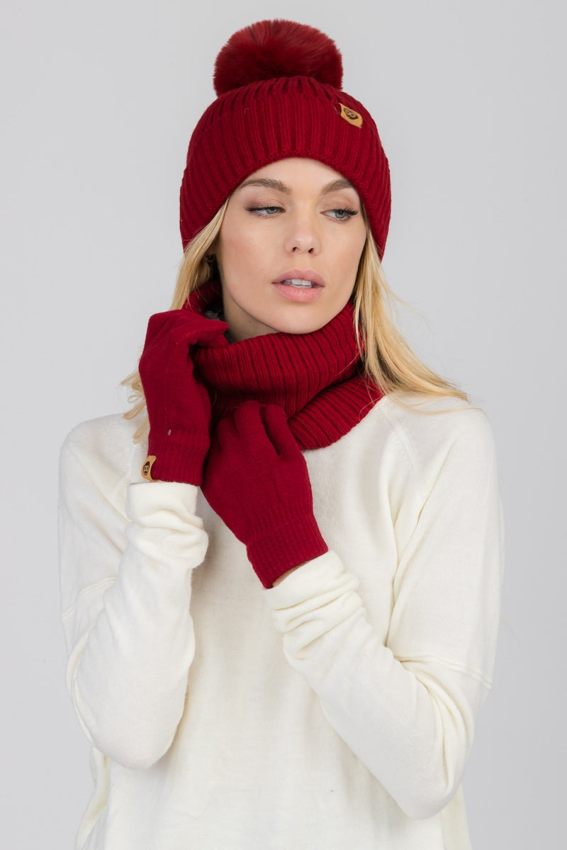 S29-1-1-WSHT-414-EASY DETACHABLE POMPOM BEANIE  WITH INFINITY SCARF AND GLOVES 5 ASSORTED COLORS/12PCS