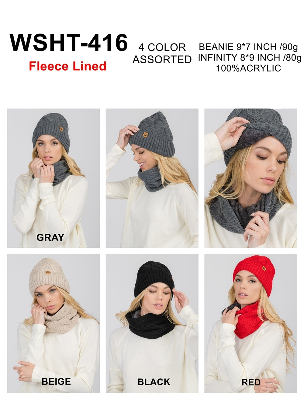 S29-1-1-WSHT-416-FLEECE LINED BEANIE  WITH INFINITY SCARF 4 ASSORTED COLORS/12PCS