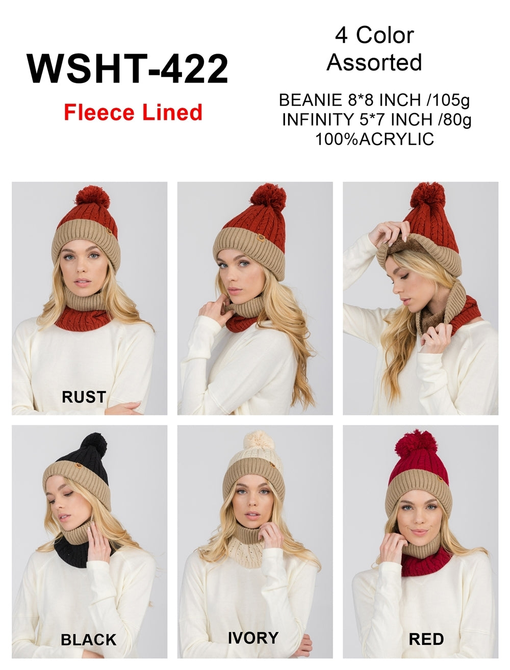 S29-1-1-WSHT-422-FLEECE LINED BEANIE  WITH INFINITY SCARF 4 ASSORTED COLORS/12PCS