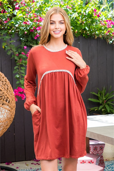 YMD10004-PUFF SLEEVE POMPOM DETAIL SOLID DRESS-0-1-1-2