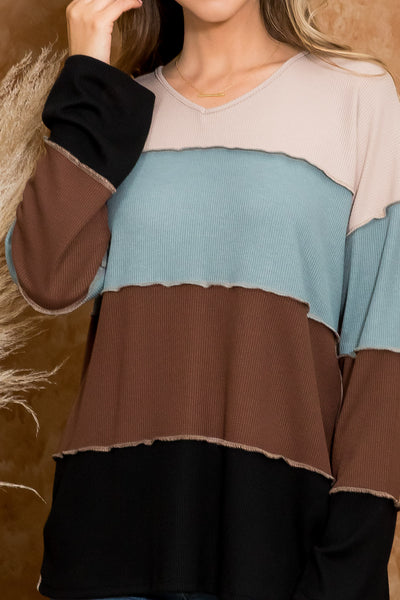 THERMAL V-NECK OUTSEAM OVERLOCK COLOR BLOCK TOP- SAND-STORMY SEA-CHOCOLATE-BLACK 1-4-1-0