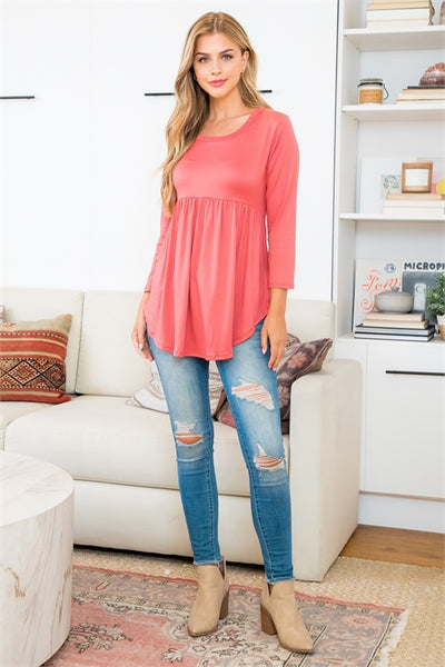 QUARTER SLEEVE SHIRRING DETAIL SOLID TOP- LIGHT MARSALA 1-2-2-2 (NOW $6.50 ONLY!)