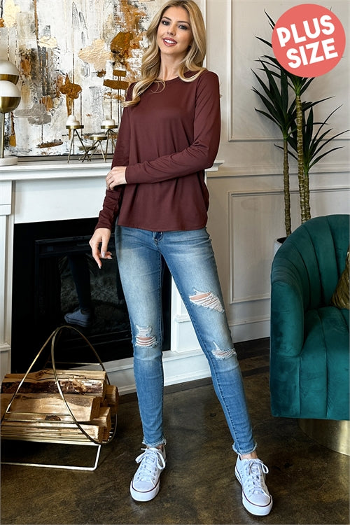 PLUS SIZE SOLID ROUND NECK LONG SLEEVE TOP-3-2-1