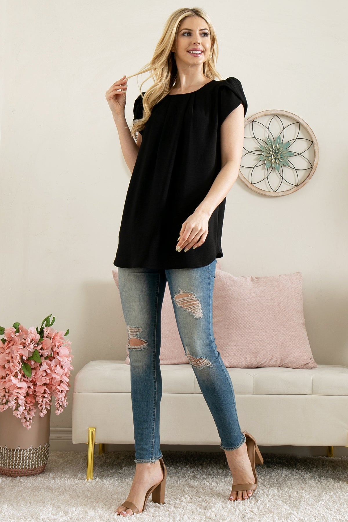 YMT20050X-PLUS SIZE TULIP SLEEVE PLEATED WOVEN TOP 3-2-1