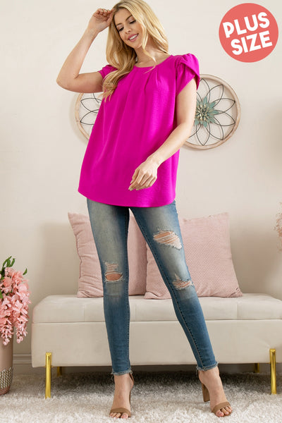 YMT20050X-PLUS SIZE TULIP SLEEVE PLEATED WOVEN TOP 3-2-1