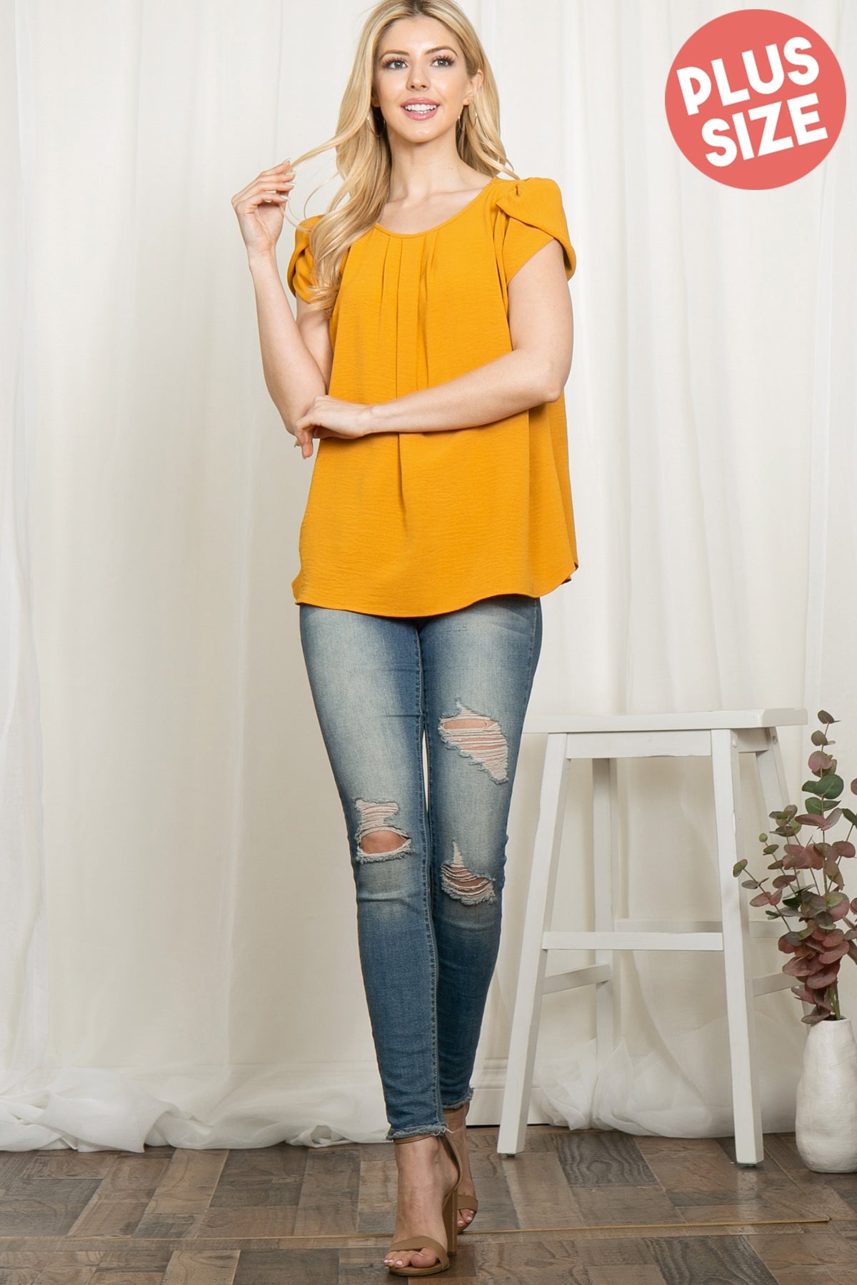 YMT20050X-PLUS SIZE TULIP SLEEVE PLEATED WOVEN TOP 3-2-1