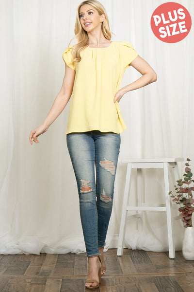 YMT20050X-PLUS SIZE TULIP SLEEVE PLEATED WOVEN TOP 3-2-1