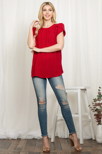 YMT20050X-PLUS SIZE TULIP SLEEVE PLEATED WOVEN TOP 3-2-1