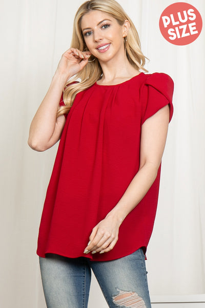YMT20050X-PLUS SIZE TULIP SLEEVE PLEATED WOVEN TOP 3-2-1