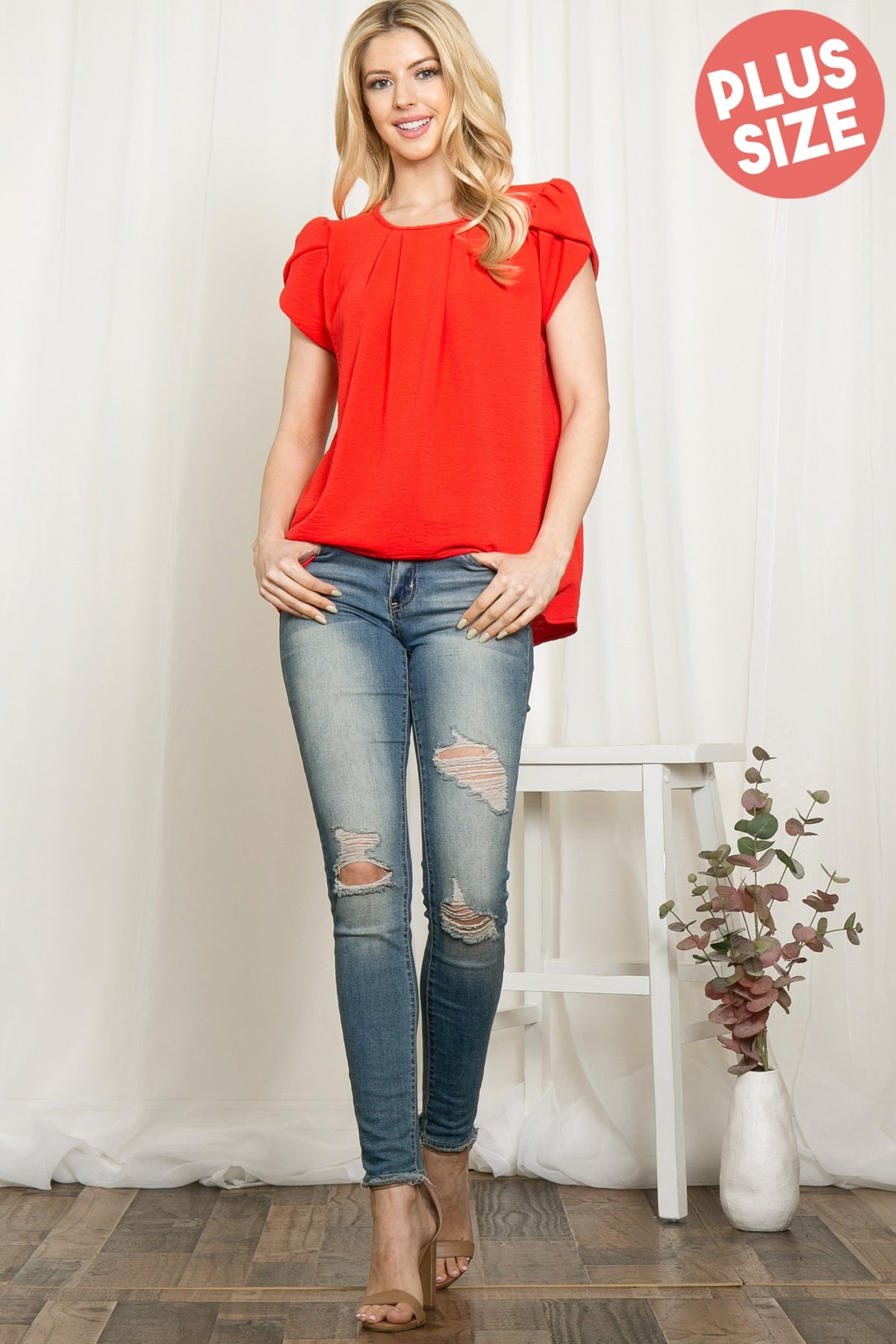 YMT20050X-PLUS SIZE TULIP SLEEVE PLEATED WOVEN TOP 3-2-1