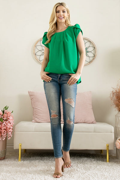 YMT20050X-PLUS SIZE TULIP SLEEVE PLEATED WOVEN TOP 3-2-1