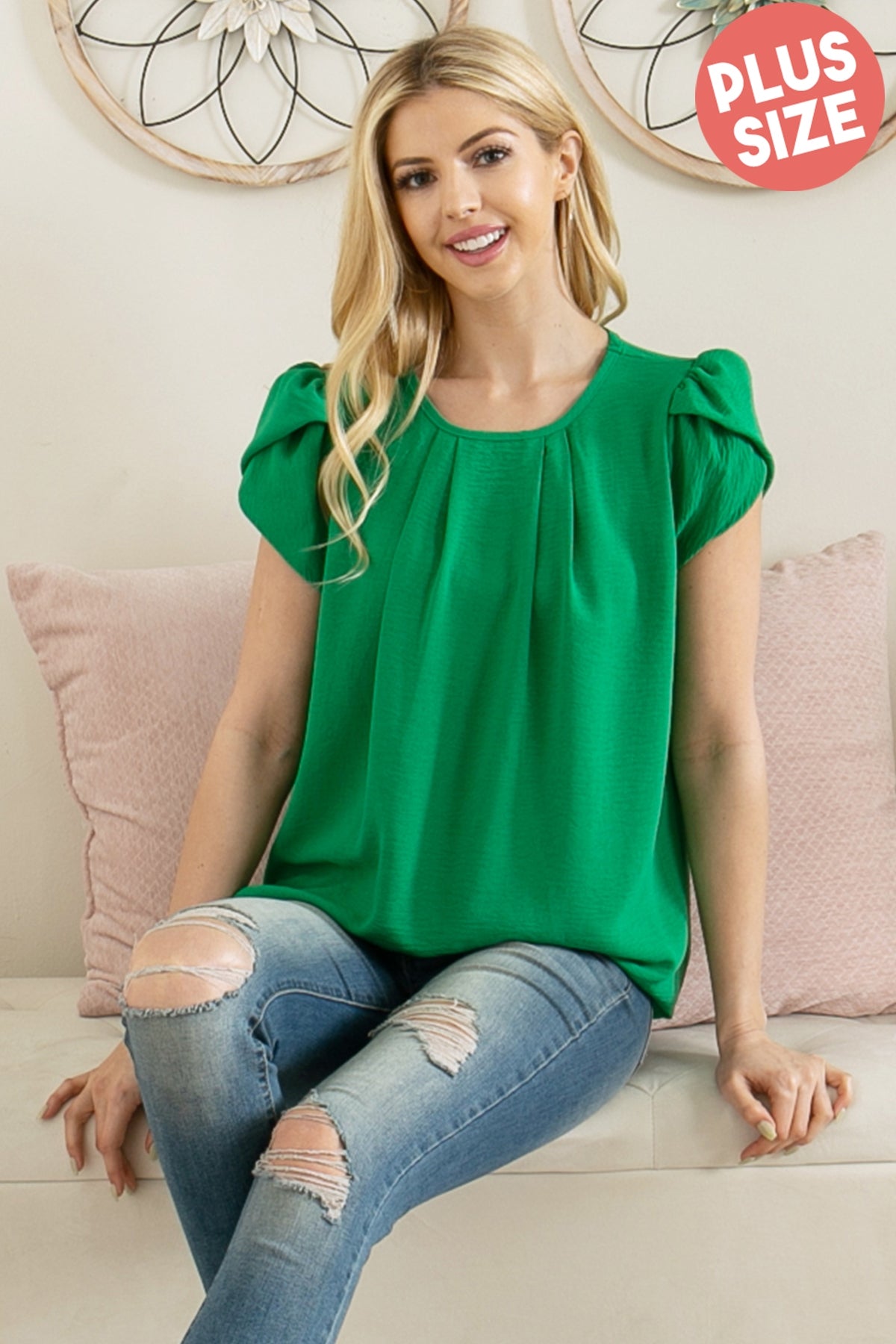 YMT20050X-PLUS SIZE TULIP SLEEVE PLEATED WOVEN TOP 3-2-1